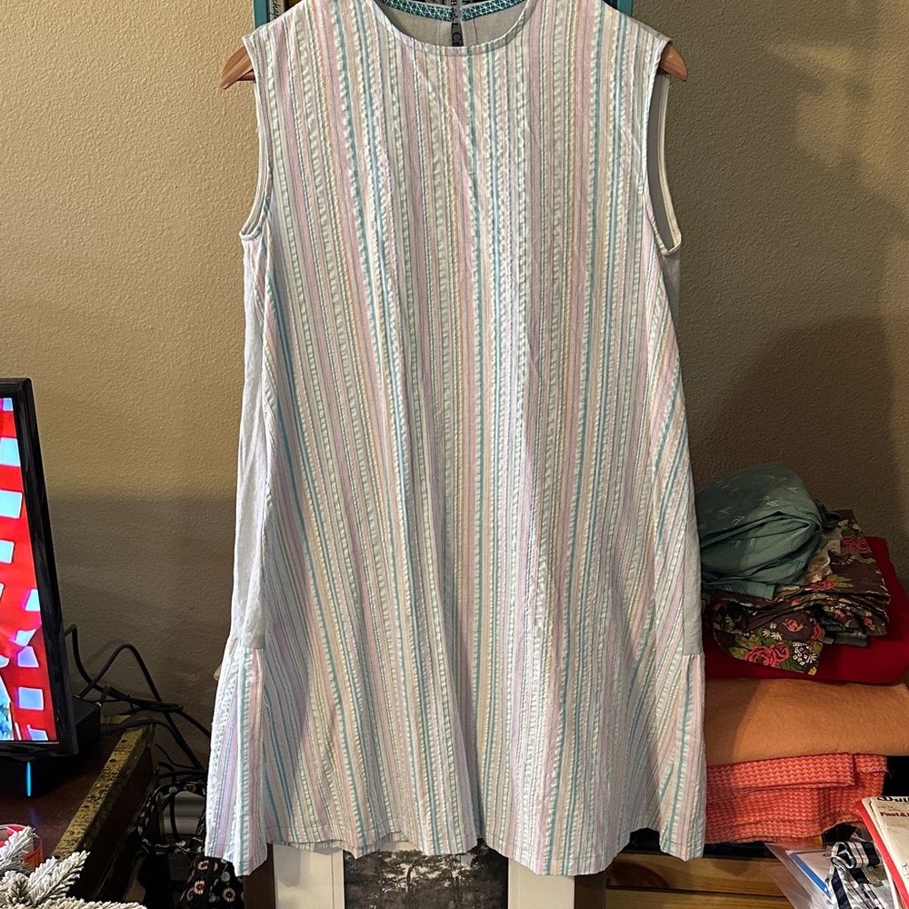 Striped Seersucker Linen blend Swing Sleeveless Dress